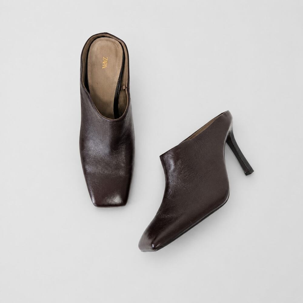 Zara Leather Mules with Square Toe Womens EU40/US9 Brown/Wine Slip On Heels